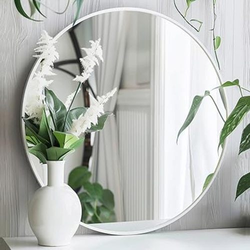 White Round Mirror, White Circle Mirror 24 inch, Matte Metal Frame Round Mirrors, Circle Mirrors for Bathroom, Living Room, Bedroom, Hallway.