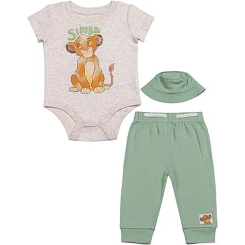 Magic Threadz Disney Clothes Baby Boys 3-Piece Outfit Set with Bodysuit, Pants & Hat – Lion King, Stitch, Pooh & Mickey 0M–9M