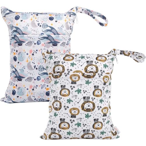 ALVABABY 2pcs Cloth Diaper Wet Dry Bags Waterproof Reusable with Two Zippered Pockets Travel Beach Pool Daycare Soiled Baby Items Yoga Gym Bag for Swimsuits or Wet Clothes LX-H358359