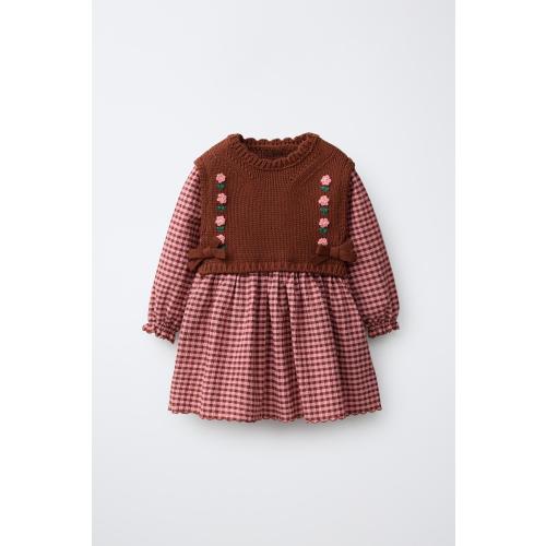 GINGHAM COMBINATION DRESS WITH EMBROIDERED FLOWERS - Fuchsia | ZARA United States