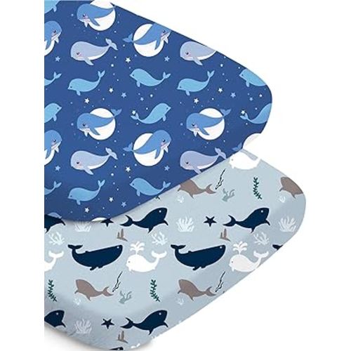 Super Soft Bassinet Sheets, Navy Whale+Blue, Universal Fit, Soft and Breathable for Baby Boys and Girls, Compatible with Halo, Baby Delight, and More