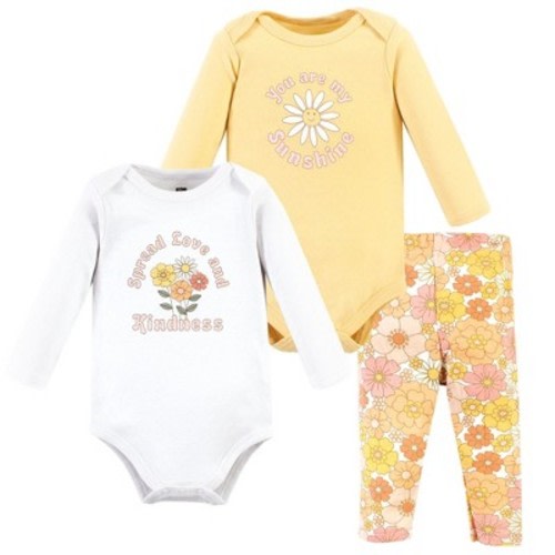 Hudson Baby Infant Girl Cotton Bodysuit and Pant Set, Peace Love Flowers Long Sleeve, 0-3 Months