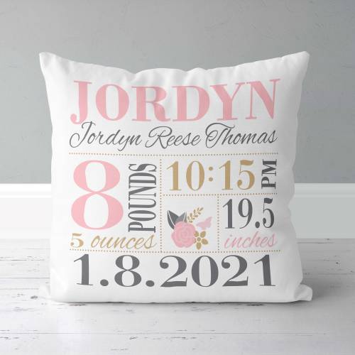 Personalized Floral Girls Birth Announcement Pillow: Baby Birth Stats Gift for New Parents
