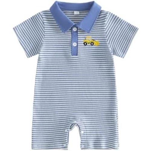 Newborn Outfits Baby Boy Clothes Summer Short Sleeve Waffle Knit Collared Sailboat Embroidery Romper Jumpsuit