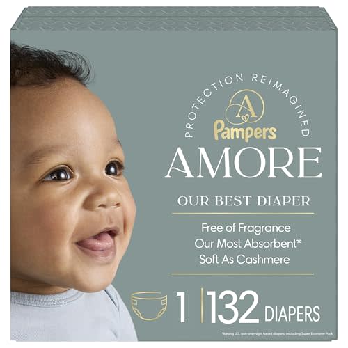 Pampers Amore, Size 1 (8-14 lbs), 132 Count, Our Best Diaper – Hypoallergenic & Fragrance Free, Up to 100% Leakproof, Soft as Cashmere