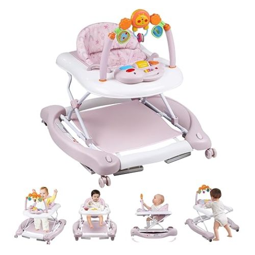 Baby Walker, 5 in 1 Baby Walkers for Boys Girls 6-12 Months, Foldable Walkers for Babies with Bouncer & Feeding Tray, Music, Adjustable Heights, Activity Walker for Infant