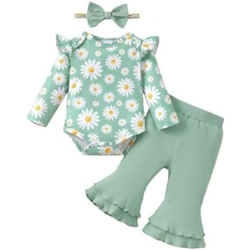 SUNNY PIGGY Baby Girl Clothes Newborn Infant Outfits Ruffle Long Sleeve Romper Pants Set with Headband