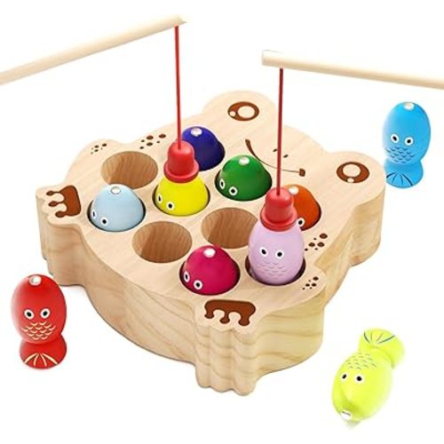 Wooden Magnetic Fishing Game for Toddlers 1-3, Frog Fishing Color Sorting Montessori Sensory Preschool Educational Learning Fine Motor Skills Toys for 3 4 5 Years Old Boys Girls