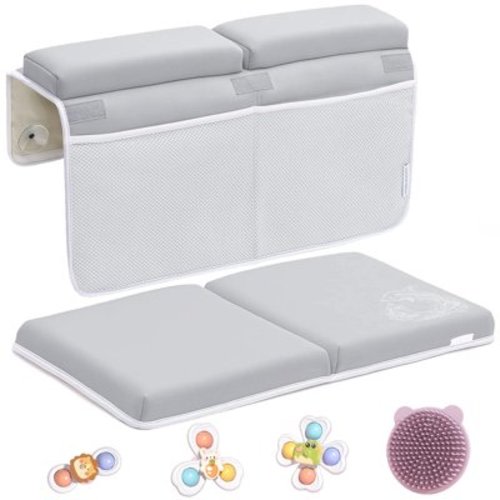 Baby Bath Kneeler and Elbow Rest Pad Set, Foldable Bath Kneeling Pad with Baby HeadBrush, 3 Baby Bath Toys Organizer, Foldable, Non-Slip Foam Mat for Bathing Baby, Gray