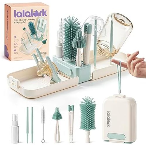 lalalark 7-in-1 Baby Bottle Brush Set, BPA Free Silicone Baby Bottle Cleaning Kit with No Scratch Dual-Headed Brush, Nipple Brush,Soap Dispenser & Drying Rack,Travel Cleaner Set with Storage Case,Mint