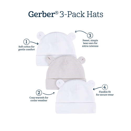Gerber Baby Boy or Girl Neutral White Cotton Caps with Ears, 3-Pack, Sizes Newborn - 0/6 Months