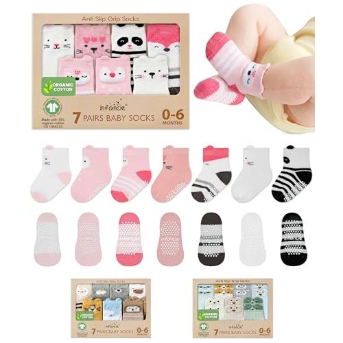 GOTS Organic Cotton Blend 7 Baby Socks 0-6 Months Animal Design Non Slip