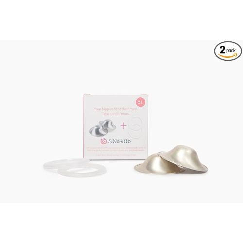 SILVERETTE The Original Silver Nursing Cups, Nipple Covers for Breastfeeding Essentials, Pure 925 Silver Nipple Shields for Breastfeeding Newborn, XL Size with O-Feel Silicone Rings