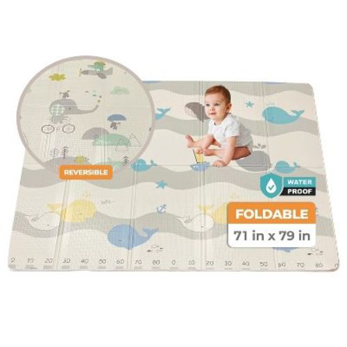 Motherly Haven Extra-Large Foldable Baby Play Mat, Waterproof & Non-Toxic Foam, 79"x71", Whales Design – Indoor & Outdoor Play