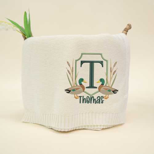 Mallard Ducks Crest Embroidery Knitted Blanket, Custom Baby Name Blanket, Name Blanket for Boy, Baby Blanket Mallard Duck Stuff