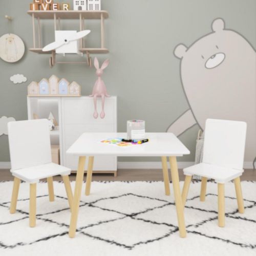 Kids Table and 2 Chairs Set, 3 Pieces Toddler Table and Chair Set, Wooden Activity Play Table Set (White)