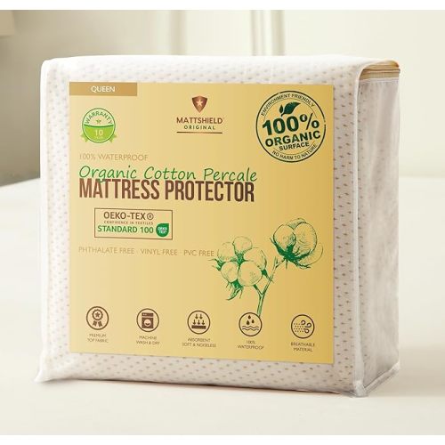 Deluxe Cooling Organic Percale Mattress Protector Full Size - 100% Waterproof - Crisp, Breathable Percale Feel - OCS Certified 280GSM 3D Air-Knit Breathable Mattress Pad - Noiseless Deep Pocket