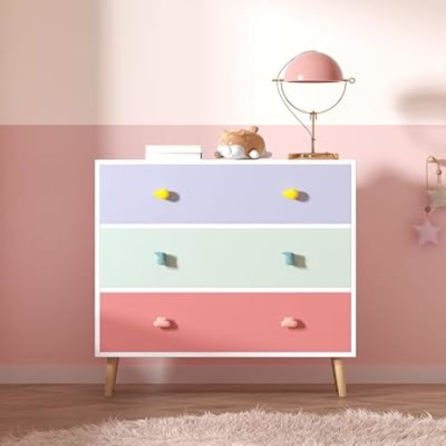 Modern Nightstand with 3 Drawer, Wooden Bedside Table for Kids Room, Toddler Childs Storage Cabinet with Euro Glides, Safety Anti-Tip Design, Easy Assembly, Colorful Finish, 2026 Upgrade (Colorful)