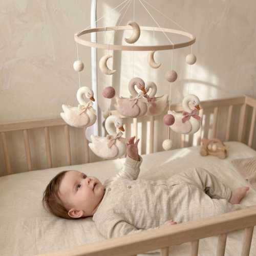 Handmade Felt  Baby Mobile Custom Cute Swan Nursery Decor, Baby Shower Gift, Felt Baby Mobile