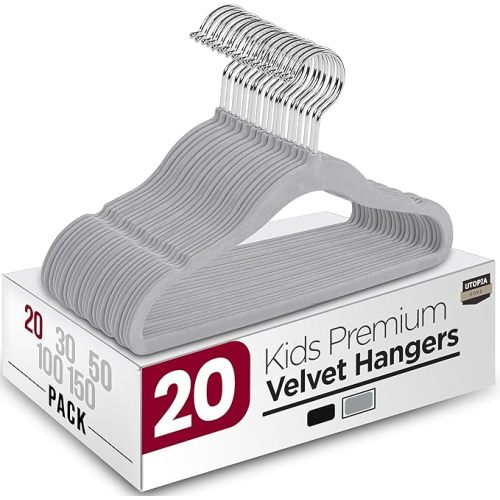 Utopia Home Kids Velvet Hangers 20 Pack – 11 Inch Non-Slip Baby Hangers for Baby and Toddlers, Durable Ultra-Slim Space-Saving Closet Organizers (Grey)