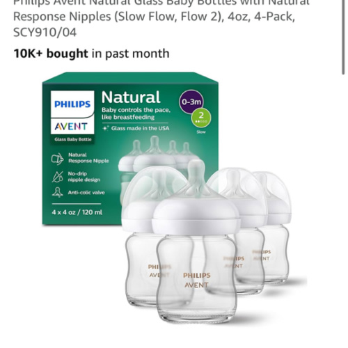Philips Avent Natural Glass Baby Bottles with Natural Response Nipples (Slow Flow, Flow 2), 4oz, 4-Pack, SCY910/04