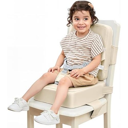 HOMEAL Toddler Booster Seat for Dining Table - Toddler Dining Cushion with Wipeable Surface -Booster Seat for Kitchen Chair with Easy-Install Straps - Breathable Fabric - Beige