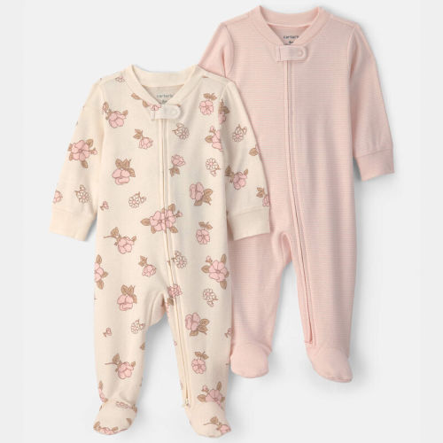 Baby Girl 2-Pack Floral Striped 100% Cotton 2-Way Zip Sleepers - Pink | Carter’s Oshkosh Canada