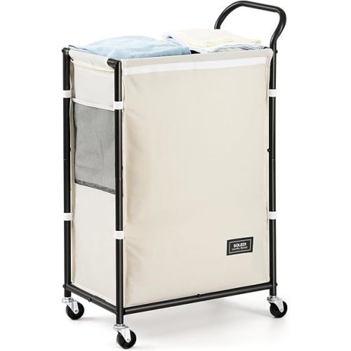 SOLEDI Slim Laundry Hamper with Wheels,23.8 Gallons (87L) Laundry Basket with Lid,Sturdy Metal Frame with Handle,Laundry Cart,Rolling Laundry Basket for Bedroom Aesthetic,Easy to Assemble,Ivory