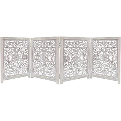 Wooden Foldable Pet Dog Safety Gate - 4 Panel 20" W x 24" H - Hand Carved Suzani Free Standing Portable Indoor Puppy Gate - Doorway Hall Stairs Dog Fence - Assembled - White Wash - IRONGATE