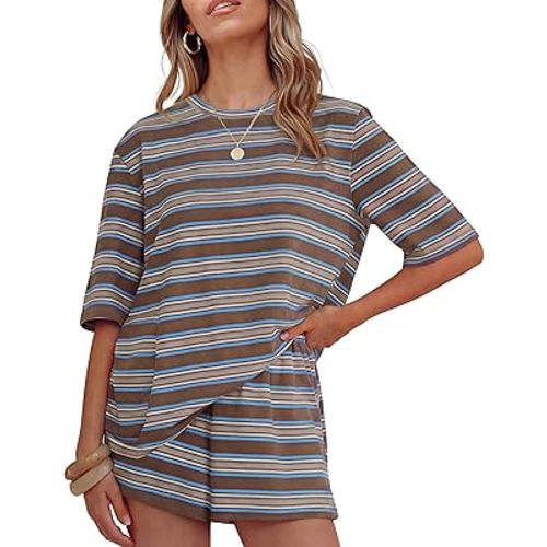 ZESICA Womens Summer 2 Piece Stripe Short Sets Lounge Workout Beach Outfits
