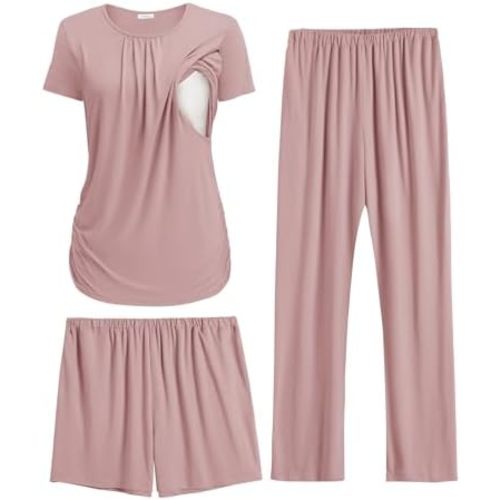 Ekouaer Maternity Nursing Pajamas Set 3 Piece Postpartum Lounge Breastfeeding Pjs Pregnancy Shorts & Pants S-XXL