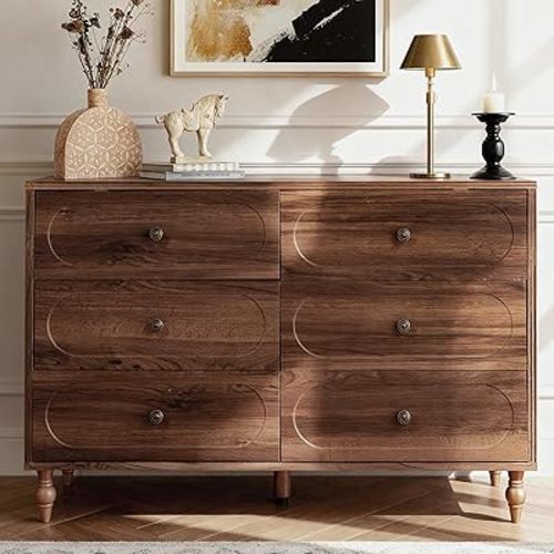 6 Drawer Dresser for Bedroom, 47" Wide Mid-Century Modern Wood Dresser with Solid Wood Legs, Dark Walnut Chest of Drawers with 6 Storage Drawers for Bedroom, Living Room, TV Stand