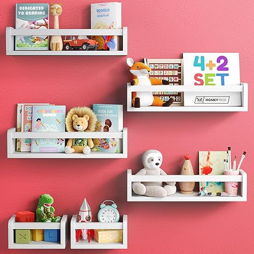 6-in-1 Floating Nursery Book Shelves for Wall (4 Long + 2 Mini) Solid Pine Wood Nursery Shelves, Wall Bookshelf for Kids Room, Toys & Books Display, Baby Shelf (White)