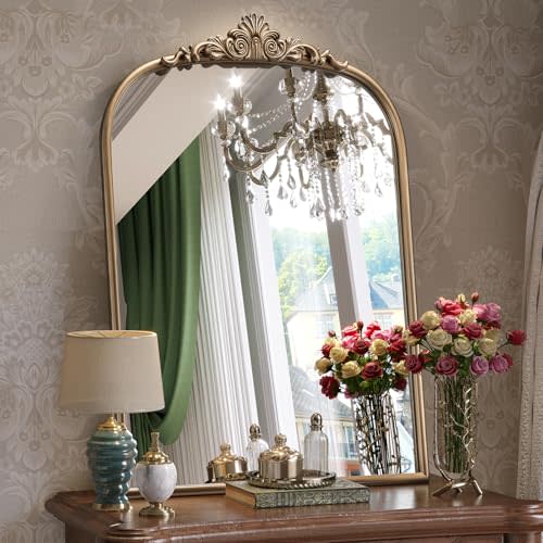 24" x 36" Antique Gold Arched Mirror for Wall, Baroque Vintage Brass Bathroom Mirror with Metal Frame, Bronze Ornate Gold Vanity Mirror for Entryway, Mantel, Powder Room