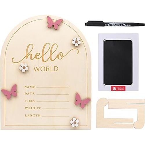 iEvolve Baby Announcement Sign Hello World Wooden Birth Name Sign Welcome Baby Newborn Board Butterflies and White Flowers Nursery Decor for Baby Girls Boys (Pink Butterfly)
