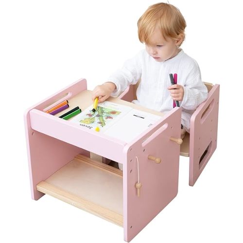 Montessori Weaning Table and Chair Set - Adjustable Design for Toddlers, Ideal for Mealtime, Learning, and Play, Pink