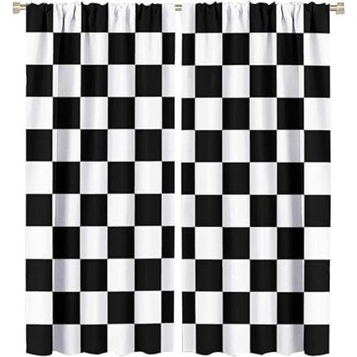 Racing Car Flag Curtains Grid Black White Check Pattern for Kids Room Decoration Print Decor Rod Pocket Window Drapes for Bedroom Living Room 42x45in
