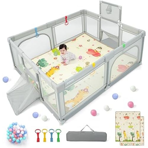 INFANS Baby Playpen, 74” x 62” Extra Large Baby Play Yard with Crawling Mat, 50 Ocean Balls, 4 Pill Up Rings, Basketball Hoop and 2 Football Gates for Toddlers, Indoor Activity Center (Light Gray)