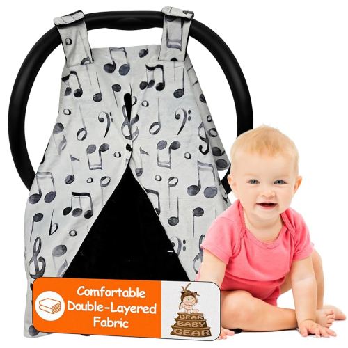 Dear Baby Gear - Car Seat Canopy, Baby Carrier Shade, Nursing Wrap, Stroller Canopy, Infant Carrier Cover, Baby Car Seat Accessories, Watercolor Music Notes, Black Minky Dot, 40"x30"