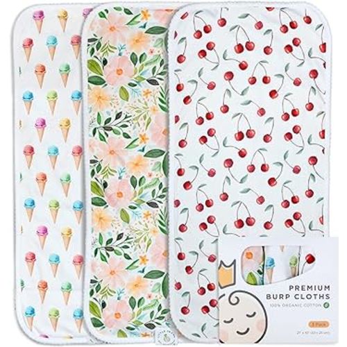 Little Crown Burp Cloths 100% Organic Cotton – 3 Pack Large 21''x10'' – Ultra-Soft and Absorbent – Double Layered Baby Washcloths – Baby Girl Newborn Essentials (Flowers, Cherries and Ice Creams)