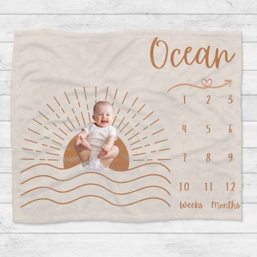 Ocean Sun Baby Milestone Blanket, Personalized Name Blanket