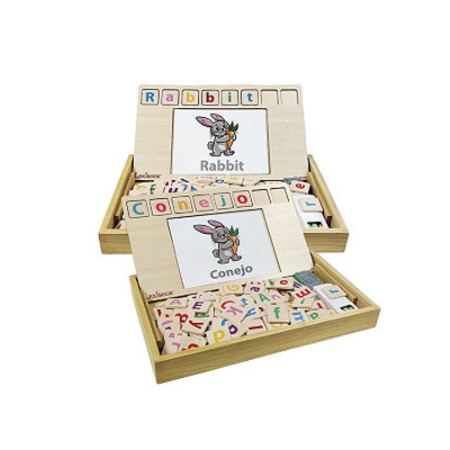 Bio Toys Word School, bilingual Spanish/English, wooden game, 50 word cards, alphabet, educational game