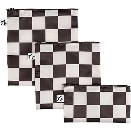 Tiny Twinkle Reusable Snack Bags for Kids – 3 Pack Snack Pouches & Sandwich Bag for Toddlers – Machine Washable, Mess-Proof for Lunch & Travel (Black Checkers)