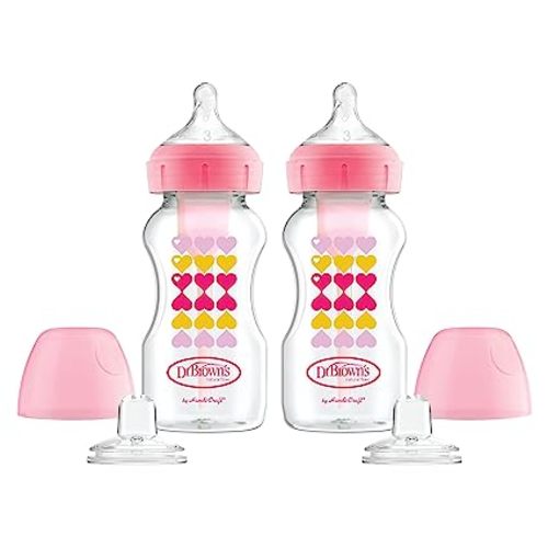 Dr. Brown’s Anti-Colic Options+ Wide-Neck Sippy Bottle Starter Kit, 9oz/270mL, with Level 3 Medium-Fast Flow Nipple and Soft 100% Silicone Sippy Spout, Pink, BPA Free, 6m+, 2 Pack