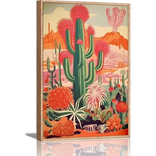 KISSFOX Western Framed Wall Art Colorful Mexican Cactus Picture Wall Decor Orange Green Desert Botanical Canvas Art Prints Vintage Southwestern Floral Paintings Artwork For Living Room Bedroom