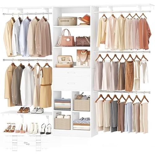 Closet System - 8FT Closet Organizer System with Wooden Drawers, 96" Closet Systems for Nursery & Walk-In Closets with Cuttable Hanging Shelving, White