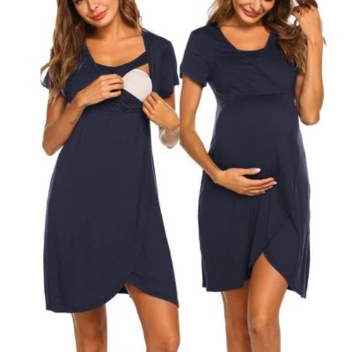 Ekouaer Nursing Nightgown 3 In 1 Maternity Nightgown Short Sleeve Nursing Gown Breasfeeding Sleepwear Delivery Dress Navy Blue L