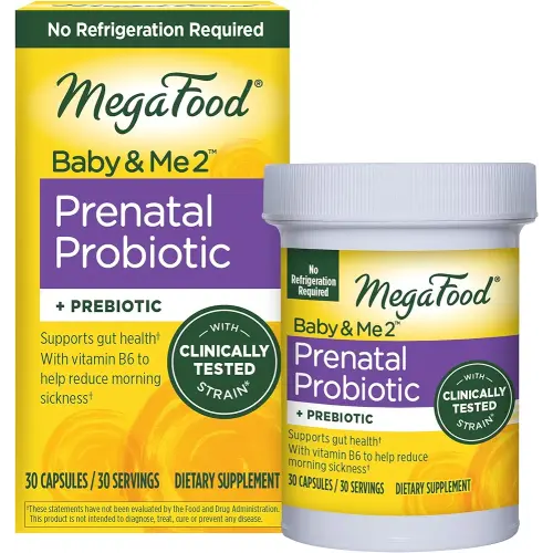MegaFood Baby & Me 2 Prenatal Probiotic - Vegetarian Pregnancy Prebiotics and Probiotics for Women, Digestive Health & Immune Support with Vitamin B6 for Morning Sickness Relief - 30 capsules