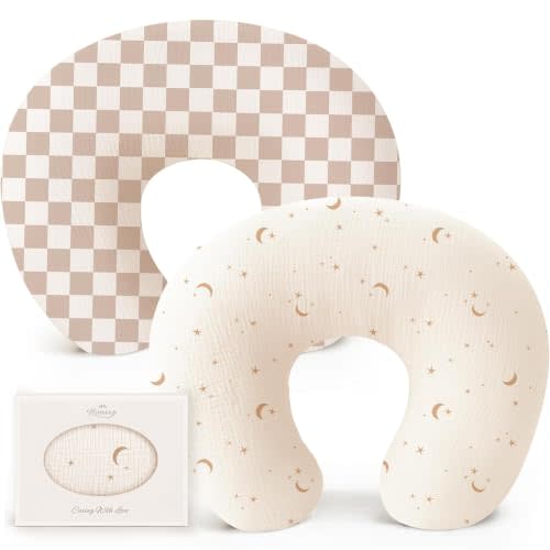 Konssy 2-Pack Muslin Nursing Pillow Covers, Coffee Soft Slipcover for Baby | Covers Only, 100% Cotton, Hidden Zipper, Washable, Breastfeeding Pillows Covers for Newborn Boys & Girls, (Coffee Check,moon)