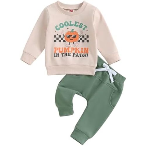 Karuedoo Toddler Baby Boy Girl Halloween Outfit Letter Cartoon Pumpkin Checkerboard Long Sleeve Sweatshirt Top and Pants Set